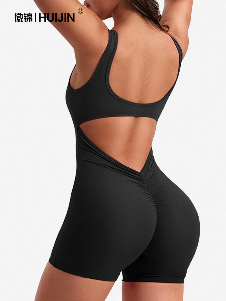 Cross-Border Popular Slim-Fitting High-Elastic Hip-Lifting One-Piece Yoga Suit For Women With Backless Square Collar Sports Fitness Jumpsuit Shorts