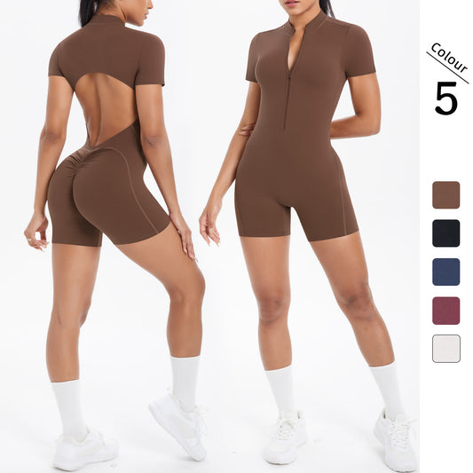New Cross-Border European And American Solid Color Zipper Beautiful Back Tight One-Piece Yoga Wear Breathable Sports Running Fitness Jumpsuit