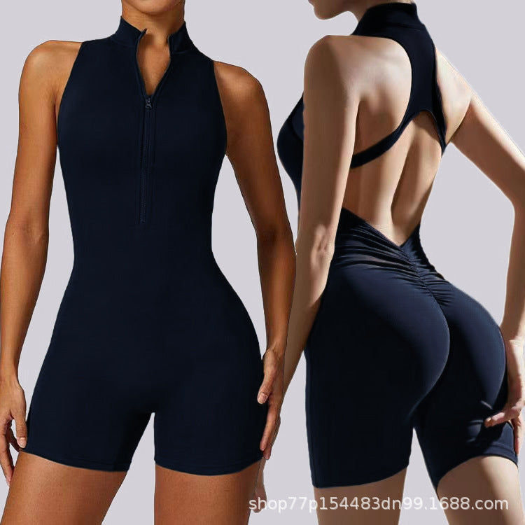Explosions Cross-border Amazon Europe And America High Elastic Sports Fitness Zipper Pants Naked Tight One-piece Yoga Suit