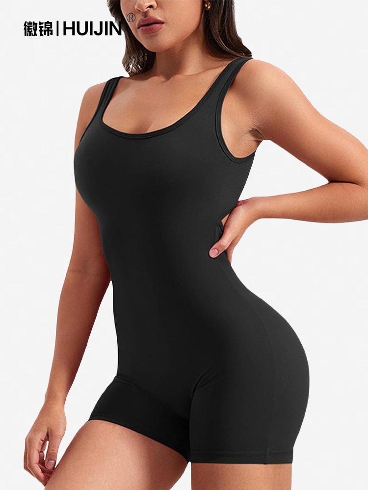 Cross-Border Popular Slim-Fitting High-Elastic Hip-Lifting One-Piece Yoga Suit For Women With Backless Square Collar Sports Fitness Jumpsuit Shorts