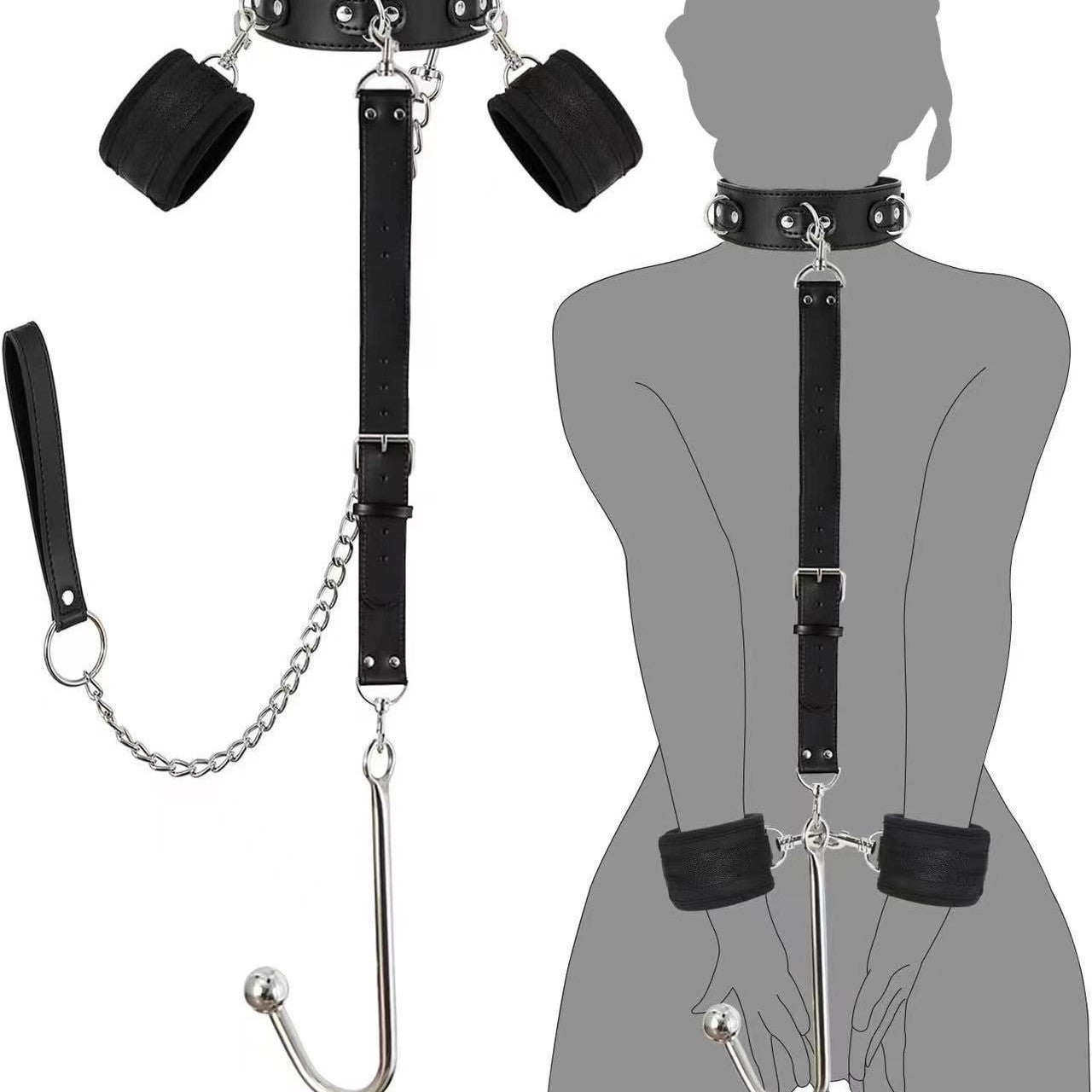 SM Adjustable Handcuffs Neck Collar Chain Strap Back Court With Hook Suit Sex Toys Sex Toys